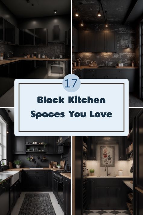 This pin showcases 4 unique spaces of stylish black kitchens enhanced with wooden accents, showcasing small yet functional designs. Explore how black cabinets and open shelving come together in modern layouts perfect for smaller homes. Black Cabinets With Black Backsplash, Tile And Cabinet Combinations, Black Kitchen Cabinets And Backsplash, Black Lower Cabinets White Upper Small Kitchen, Black Cabinets Kitchen Black Counter, Cabinet Hardware Black Cabinets, Black Cabinets White Backsplash, Dark Feminine Kitchen, Black Countertops Black Cabinets