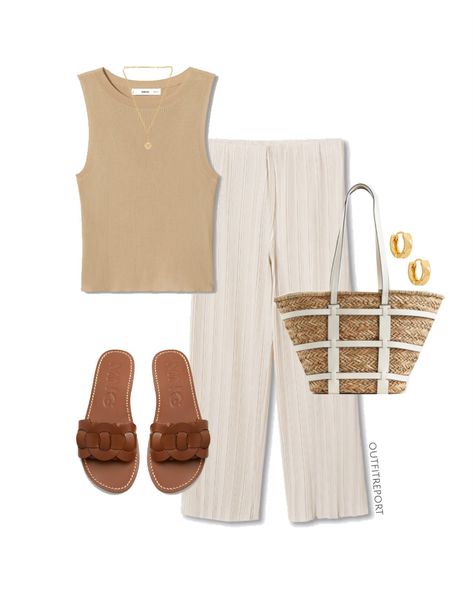 Saudi Travel, Spring Style Outfits, Brown Sandals Outfit, Hot Weather Outfits, Palazzo Trousers, Top Outfit, Outfits 2023, Casual Chic Outfit, Spring Style