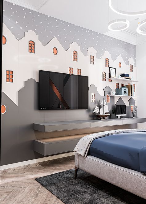 Kids Room Bed Back Wall Design, Tv In Kids Bedroom Ideas, Kids Room Tv Wall, Kids Tv Wall, Tv Kids Room, Kids Wall Decor Ideas, Kids Room Ceiling Design, Wallpaper For Kids Bedroom, Kids Room Makeover