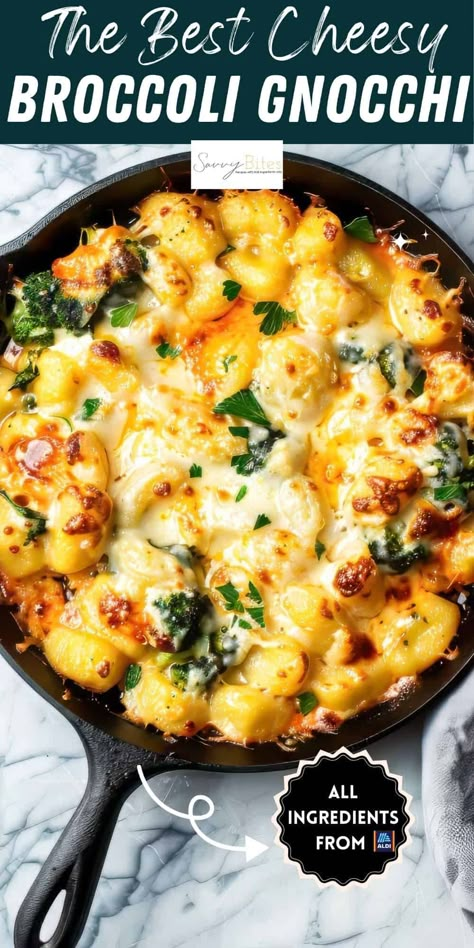 Try this cheesy broccoli gnocchi for an easy one-pot dinner. It's perfect for busy nights, ready in 30 minutes, and uses shelf-stable, store-bought gnocchi. This baked gnocchi with broccoli is a comforting and easy family dinner idea. Healthy Gnocchi Dinner, Polish Sausage And Gnocchi Recipes, Gnocchi And Peppers, Gnocchi Recipes With Broccoli, Recipes Using Gnocchi Dishes, Recipes For Gnocchi Meals, Skinnytaste Gnocchi, Family Dinner Vegetarian, Broccoli And Gnocchi Recipes