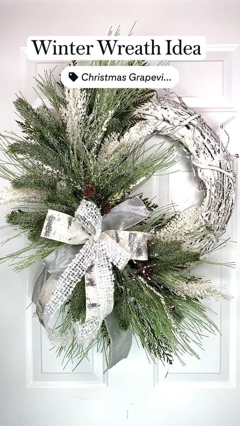 Winter Wreath Idea, Christmas Decor, Christmas wreath, Grapevine Wreath Idea, Front Door Wreath | Pinterest Christmas Grapevine Wreaths, White Grapevine Wreath, Christmas Neutral, Wreaths Winter, Picture Frame Wreath, Door Wreath Christmas, Christmas Wreath Ideas, Holiday Wreaths Diy, Natural Christmas Decor