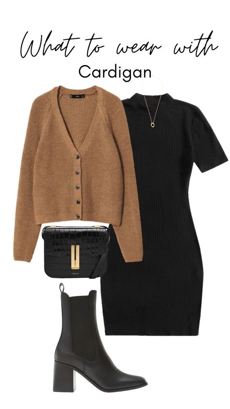 Black Dress Brown Jacket Outfit, Black And Brown Wardrobe, Brown Cardigan Outfit Women, Black Dress Cardigan Outfit, Black Dress With Cardigan Outfit, Brown Cardigan Outfit Aesthetic, Black Dress And Cardigan Outfit, Cardigan With Dress Outfit, Black Cardigan Outfit Aesthetic