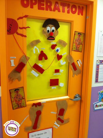 What a fun way to decorate the center! Each classroom is a different board game theme! Operation Game Door Decoration, Nurse Bulletin Board, Board Game Themes, School Nurse Office, Nurses Office, Child Care Center, Teacher Survival, Game Decor, School Nursing