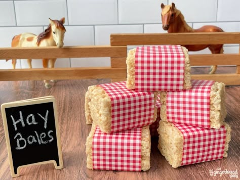 Simple Farm Party, Farm Rice Krispie Treats, Barnyard Party Snacks, Hay Bales Rice Krispie Treats, Rodeo Party Snack Ideas, Hay Bale Rice Crispy Treats, Farmyard Party Food, Rice Crispy Hay Bales, Farm Treats Birthday Parties