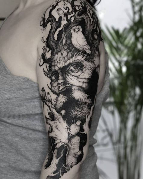 Wood Cut Tattoo, Mushroom Sleeve, Dark Forest Tattoo, Forest Tattoo Sleeve, Mushroom Tattoos, Sick Tattoo, Fantasy Tattoos, Forest Tattoos, Creepy Tattoos