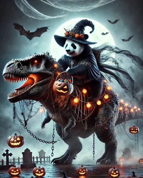 Glowing pumpkins, chains, and a panda witch on a T-Rex! Who said Halloween couldn’t get more epic? 🎃🦖🧙‍♀️ #WitchyVibes #PumpkinPatchPerfection #DinoMagic #halloweenmood Dinosaur Halloween, Witchy Vibes, Who Said, T Rex, Dinosaurs, Octopus, Pumpkins, Lego, Witch