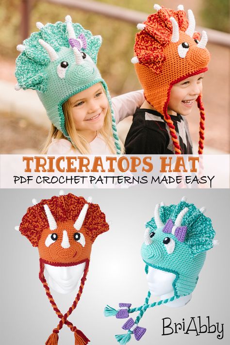 Crochet Kids Dinosaur Hat Pattern, Crocheted Dinosaur Hat, Crochet Triceratops Hat Free Pattern, Free Crochet Hat Patterns For Kids Boys, Crochet Triceratops Hat, Crochet Manatee Hat, Triceratops Crochet Hat, Crochet Dinosaur Beanie, Crochet Hat Dinosaur