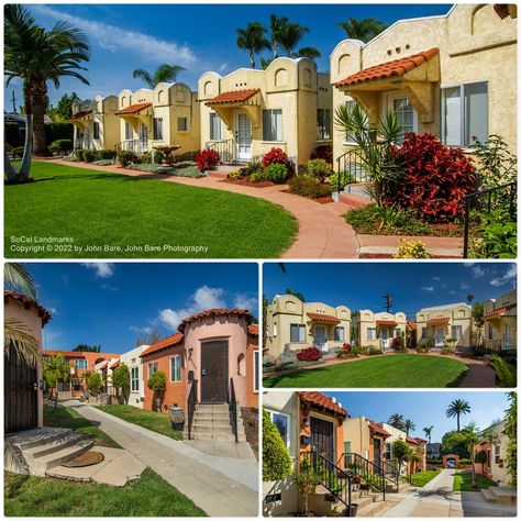 Bungalow courts were developed throughout Southern California, including San Diego, primarily from 1920 to 1950 to offer residents an attractive, affordable cottage with its own yard, a central courtyard and neighborly orientation. In San Diego and throughout Southern California, the majority of bungalow courts were built along streetcar lines. Bungalow courts come in many architectural styles. The most common styles in San Diego are Spanish Revival and Arts and Crafts. The University Heights Hi Bungalow Court, Cluster Housing, Pocket Neighborhood, Oasis Springs, Cluster House, Central Courtyard, Cottage Bungalow, Apartment Exterior, California Bungalow