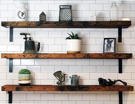 Gorgeous shelving for any room in your home 🥰 Farmhouse Shelving, Farmhouse Decoration Ideas, Farmhouse Kitchen Shelves, Wood Shelves Kitchen, Country Shelves, Wood Wall Shelves, Diy Farmhouse Ideas, Barn Wood Wall, Small Modern Kitchens