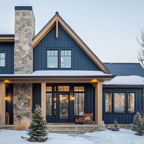 Dark Blue Modern House Exterior, Dark Color Homes Exterior, Blue Painted House Exterior, Barndominium House Colors, Navy Barndominium Exterior, Blue House With Wood Shutters, Blue Metal House Exterior, Farmhouse Siding Exterior Colors, Navy House Exterior Color Scheme