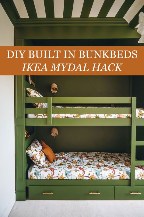 Bunkroom reveal – Ikea Mydal hack - thankfifi Decorate Bunk Bed Ideas, Bunk Bed Hacks Diy, Ikea Mydal Bunk Bed Hack, Mydal Bunk Bed, Ikea Bunk Bed Hack, Bunk Bed Hacks, Ikea Mydal, Built In Bunkbeds, Ikea Bunk Bed