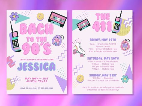 90s Party Invitation Template, Themed Bachelorette Party, Bachelorette Weekend Invitations, Themed Bachelorette, Bachelorette Ideas, Bachelorette Themes, 90s Theme, 90s Party, Itinerary Template