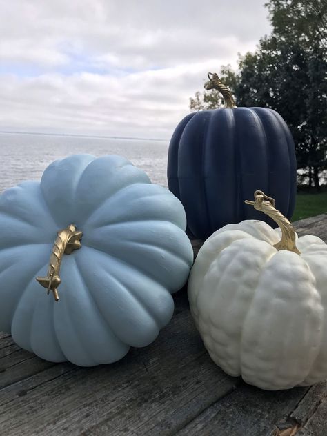 Light Blue Halloween Aesthetic, Blue Thanksgiving Decor, Blue And White Fall Decor, Styrofoam Pumpkins, October Bujo, Beach Halloween, Pumpkin Theme Baby Shower, Blue Thanksgiving, Blue Fall Decor