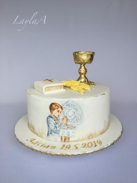 1st holy communion  - cake by Layla A Boys First Communion Cakes, Comunion Cake, Hand Painted Cake, Holy Communion Cakes, Girls First Communion Dresses, Religious Cakes, First Communion Cakes, Boys First Communion, Painted Cake