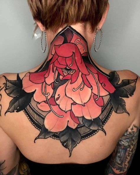 Grand Reaper, Back Piece Tattoo, Back Of Neck Tattoo, Girls With Tattoos, Gorgeous Tattoos, Peonies Tattoo, Tattoo Desings, Tattoo Illustration, Neo Traditional