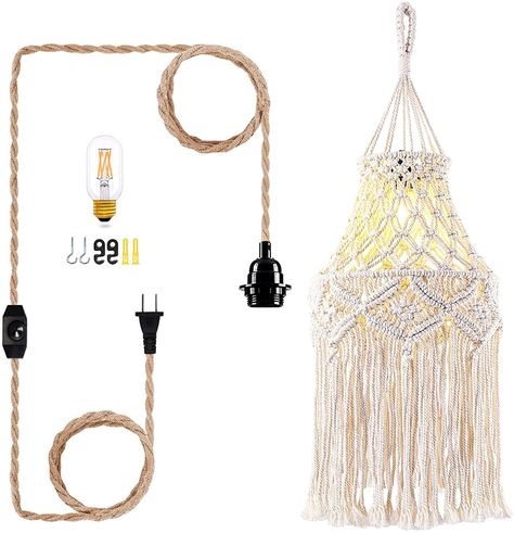 QIYIZM Boho Plug in Pendant Light Macrame Hanging Lamp Shade Hanging Lights with Plug in Hemp Rope Cord and Dimmable Switch,Plug in Chandelier Light for Bohemian Decor Bedroom Living Room indoor,1Pack - - AmazonSmile Macrame Hanging Lamp, Bohemian Light Fixtures, Bohemian Decor Bedroom, Boho Light Fixture, Plug In Chandelier, Macrame Lamp Shade, Room Amazon, Macrame Lamp, Boho Lamp