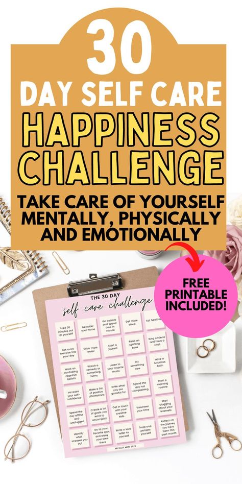 30 Days Challenge Self Care, 30 Day Self Care Challenge, 30 Day Self Care, Self Care Printable, Challenge Self Care, 30 Days Challenge, Self Care Challenge, Happiness Challenge, Days Challenge