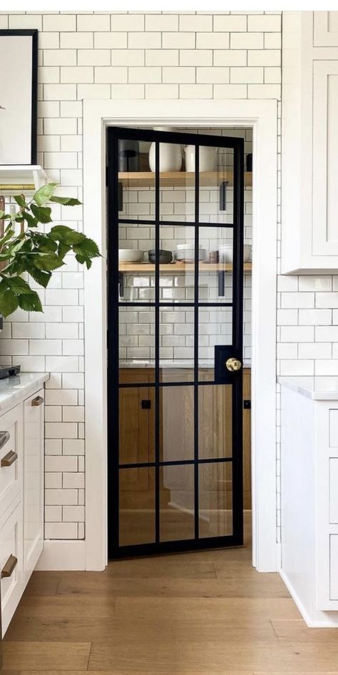 Pantry Door Metal, Door To Kitchen, Pantry Door Black, Add Doors To Dining Room, Kitchen Back Door, Metal Pantry Door, Black Glass Pantry Door, Black And Glass Pantry Door, Glass Door Pantry