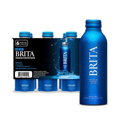 Brita Water, 18 Fl Oz (6 Pack), Premium Purified Still Bottled Water, Infinitely Recyclable Aluminum Bottle, Refillable Water Bottles, Filtered Water, BPA Free. Alkaline Water Brands, Brita Water Bottle, Reuse Bottles, Filtration Process, Water Branding, Filtered Water Bottle, Aluminum Water Bottles, Aluminum Bottle, Bottled Water