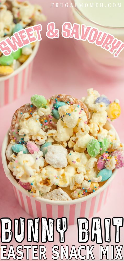 This bunny bait recipe is a tasty Easter snack mix made with popcorn, pastel M&M’s, pretzels, white chocolate, sprinkles, and muddy buddies. Bunny Bait Recipe, Popcorn Mix Recipes, Easter Snack Mix, White Chocolate Chex Mix, Easter Popcorn, Easter Snack, Snack Mix Recipe, Spring Snacks, Bunny Chow