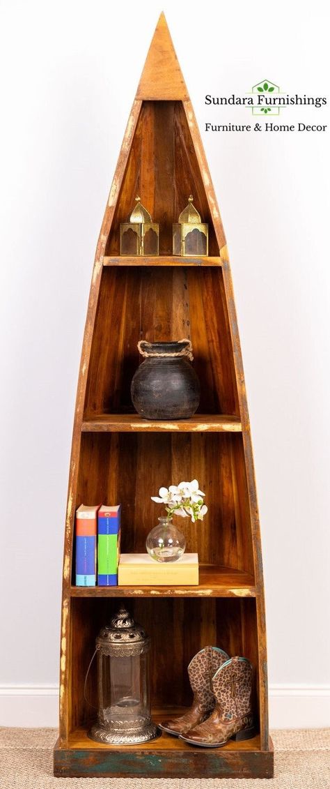 Canoe Bookshelf, Bookshelves Corner, Bookshelf Corner, Shelves Decor, Wood Bookcase, Bookcase Shelves, Book Shelf, Decor Items, Shelf Decor