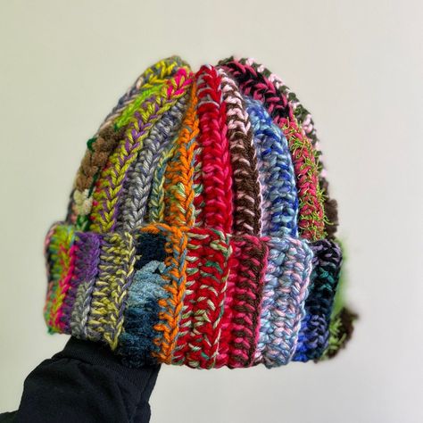 one of a kind scraps beanie !! perfect for gift hat Wool Crochet Projects, Whimsigoth Crochet, Sashay Crochet, Beanie Aesthetic, Chunky Crochet Scarf, Scrap Yarn Crochet, Headwear Fashion, Handmade Hats, Crochet Knit Hat