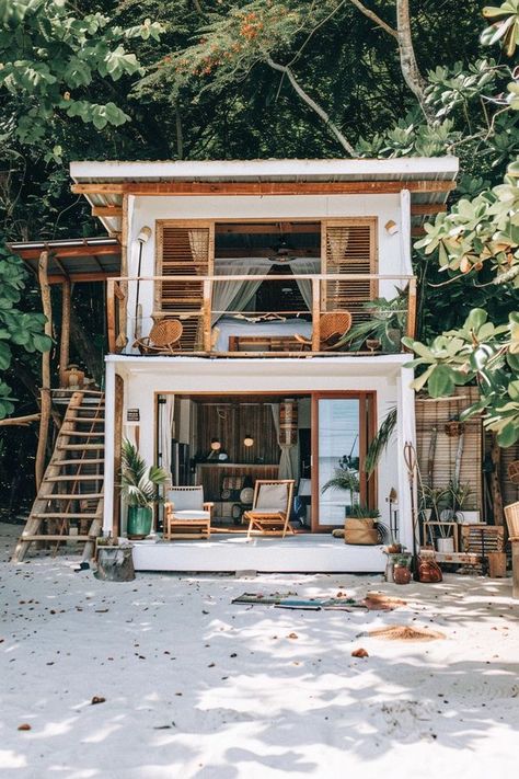 Tropical Tiny House Design, Jungle Tiny House, Jungle Bungalow, Tiny Villa, Beach Tiny House, Small Apartment Plans, Tiny Beach House, Tiny Container House, Tiny House Loft