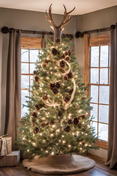 Rustic Farmhouse Christmas Trees Topped with an Antler Crown Farmhouse Christmas Tree Decor Ideas, Rustic Farmhouse Christmas Tree Ideas, Deer Antler Christmas Tree, Horn Decorations, Antler Tree Topper, Deer Antler Tree, Antler Christmas Decor, Farmhouse Christmas Tree Ideas, Farmhouse Christmas Tree Decor