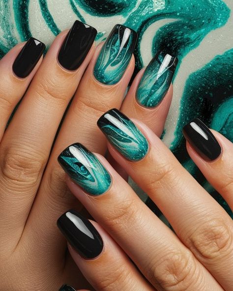 Teal And Black Nails Designs, Teal Nail Art Designs, Black Teal Nails, Turquoise Prom Nails, Teal Nails Fall, Turquoise Black Nails, Short Edgy Nails, Black And Turquoise Nails, Teal Nails Turquoise