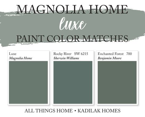 This dark sage green paint color is sure to bring some personality to any space in your home. We color matched this Fixer Upper paint color, Luxe by Magnolia Home, to Sherwin Williams and Benjamin Mooe paint colors on our BLOG! 1905 Green Paint Magnolia Exterior, Luxe By Magnolia, Magnolia Homes Green Paint Colors, Wellington Green Paint Magnolia, Magnolia Dark Green Paint Colors, Magnolia Home Green Paint Colors, Magnolia Luxe Paint Color, Magnolia Green Paint Colors, Magnolia Homes Luxe Paint