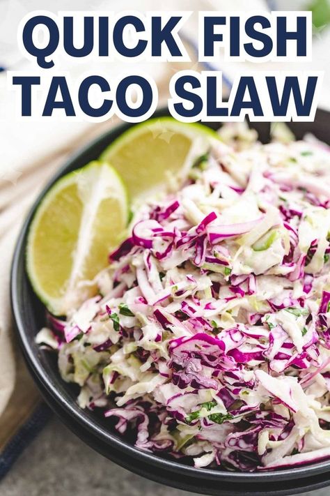 two images showing a plate of slaw ingredients and a completed bowl of cabbage slaw for fish tacos. Coleslaw For Fish Tacos Slaw Recipes, Fish Taco Cabbage Slaw Recipes, Grilled Fish Tacos With Cabbage Slaw, Cabbage For Fish Tacos, Taco Cabbage Slaw, Fish Taco Coleslaw Recipe, Fish Tacos Slaw, Coleslaw For Fish Tacos, Cabbage Slaw For Fish Tacos