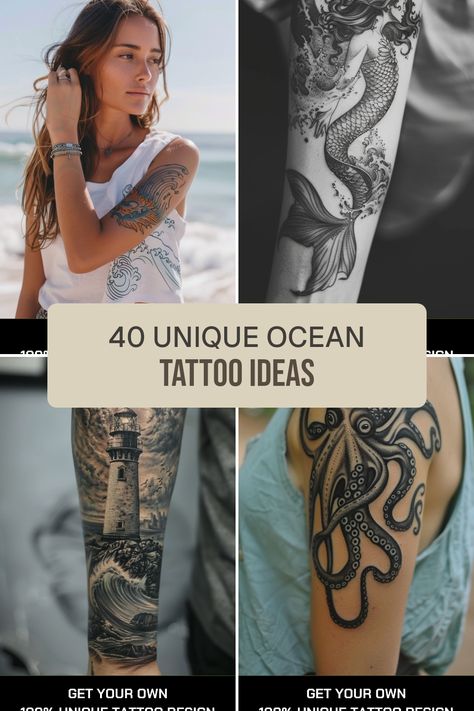 Are you ready to make a splash with your next tattoo? Discover 40 unique ocean tattoo ideas that feature stunning designs like ocean waves, majestic mermaids, classic lighthouses, and playful octopuses. These tattoos are perfect for lovers of the sea who want to express their passion for the underwater world through art Nautical Realism Tattoo, Under The Sea Sleeve Tattoos For Women, Trident With Waves Tattoo, Sea Life Arm Sleeve, Lighthouse And Mermaid Tattoo, Tattoo Ideas Female Mermaid, Seashell Arm Tattoo, Ocean Meaning Tattoo, Vertical Beach Tattoo