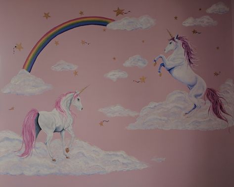 Unicorn Wall Painting Girl Rooms, Unicorn Wall Painting, Unicorn Mural, Mural Hand Painted, Unicorn Wall Mural, Painted Unicorn, Girls Room Paint, Bedroom Mural, Mural Art Design