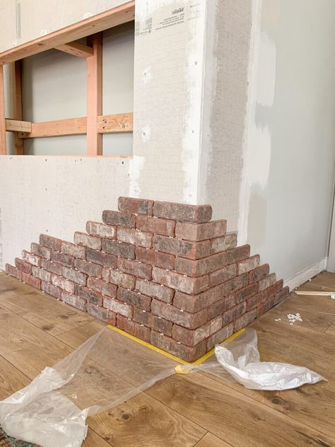 How to Build a DIY Electric Brick Fireplace – Hilltown House Build Fireplace Hearth, How To Build A Brick Fireplace, Electric Fireplace Brick Surround, Boho Brick Fireplace, Brick Fireplace Electric Insert, Electric Fireplace Ideas Brick, How To Add A Mantle To A Brick Fireplace, Diy Fireplace Tv Wall Faux Brick, Half Wall Brick Fireplace