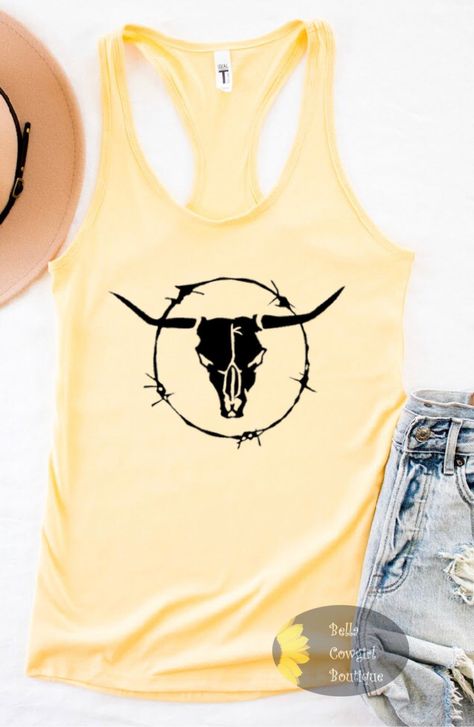 Western Tank Tops, Country Tank Tops, Casual Country Outfits, Steer Skull, Western Women, Barbed Wire, Country Outfits, Tank Top Fashion, Athletic Tank Tops