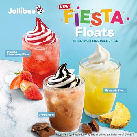 Jollibee Malaysia Fiesta Float Series: Mirinda Strawberry Float, Choco Float & Pineapple Float Fiesta Float, Pineapple Float, Cafe Menu, Brighten Your Day, Float, Pineapple, Cafe, Snacks, Quick Saves