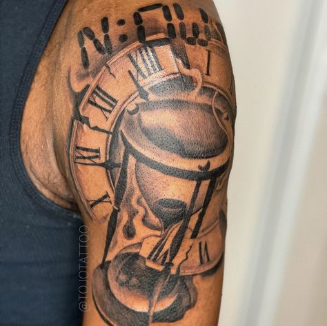 Shoulder Tattoo Men Basketball, Sleeve Tattoos Upper Arm, Upper Arm Tattoo Men Black, N:ow Tattoo, Foreman Tattoos For Men, Heart Of A Lion Tattoo, Time Is Now Tattoo, Outer Bicep Tattoo Men Ideas, Nba Tattoos For Men