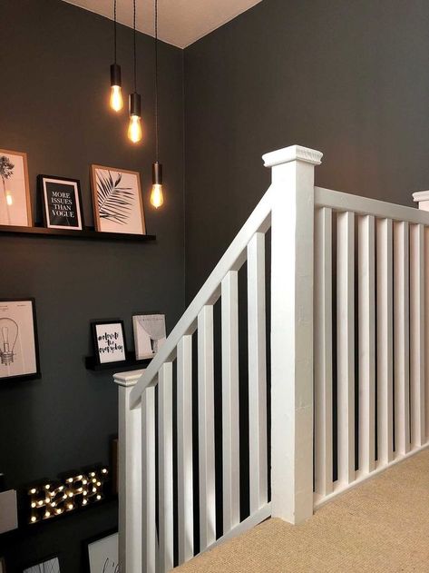 Grey Hallway Ideas Stairways, Dark Grey Hallway, Hallway Makeover Before And After, Grey Stairs, Grey Hallway Ideas, Modern Hallway Design, Stairs And Hallway Ideas, Black Hallway, Grey Hallway