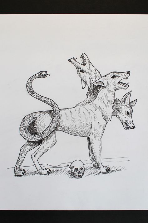 Cerberus Art Cute, Three Headed Tattoo, Three Headed Dog Drawing, Cerberus Mythology, Cerberus Tattoo Greek Mythology, Cerberus Illustration, Cerberus Greek Mythology, Three Headed Dog Tattoo, Cerberus Tattoo Design