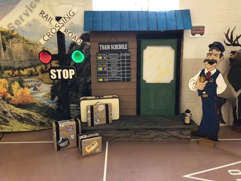 Christmas Train Station Decor, Train Station Props, Train Station Decoration, Train Depot Decor, Train Station Decor, Train Vbs, Kindergarten Sunday School, Polar Express Christmas Party, Polar Express Theme