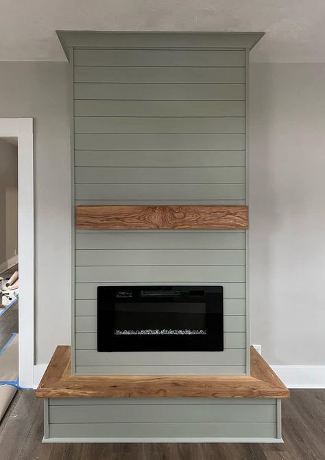 Slip Lap Fireplace, Sage Green Shiplap Fireplace, Green Shiplap Fireplace Wall, Corner Fireplace Makeover Shiplap, Colored Shiplap Fireplace, Painted Shiplap Fireplace Wall, Sage Fireplace Wall, Free Standing Fireplace Mantle, Shiplap Fireplace Color Ideas