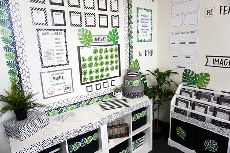 2020 Classroom Trend Report – Monstera Leaves Classroom Leaves Decor, Monstera Leaf Classroom Decor, Lavender Classroom, Modern Tropical Classroom, Green Classroom Decor, Nature Themed Classroom, Plant Classroom, Garden Theme Classroom, Green Classroom