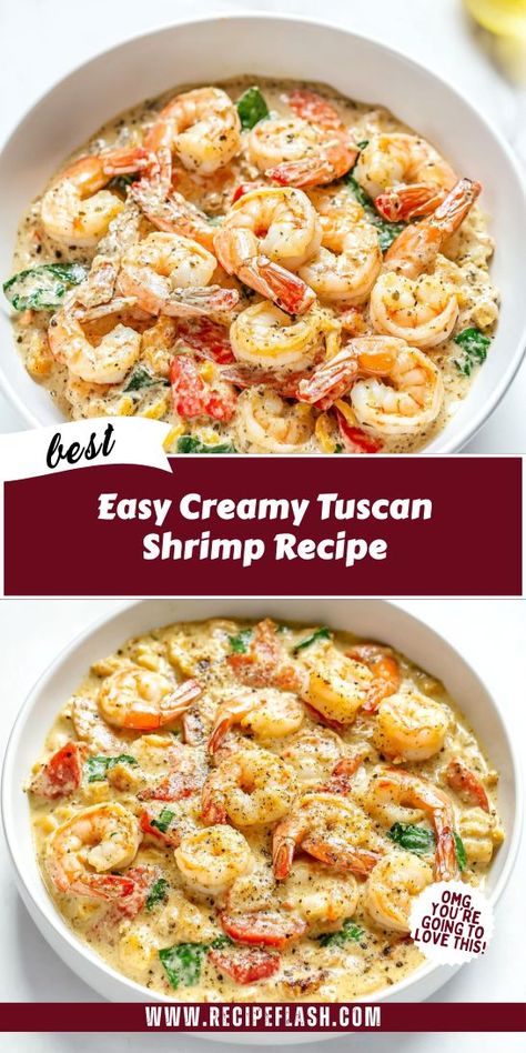 Treat yourself to this Easy Creamy Tuscan Shrimp Recipe, where rich flavors meet simplicity. Juicy shrimp bathed in a luscious cream sauce with vibrant spinach and sun-dried tomatoes create a delightful dish. Perfect for impressing guests or enjoying a cozy night in, this recipe is a must-try for shrimp aficionados. Fish With Cream Sauce, Shrimp In Tomato Sauce, Creamy Tuscan Shrimp, Shrimp Cream Sauce, Fresh Shrimp Recipes, Spinach Cream Sauce, Tuscan Shrimp, Sun Dried Tomato Sauce, Tuscan Recipes