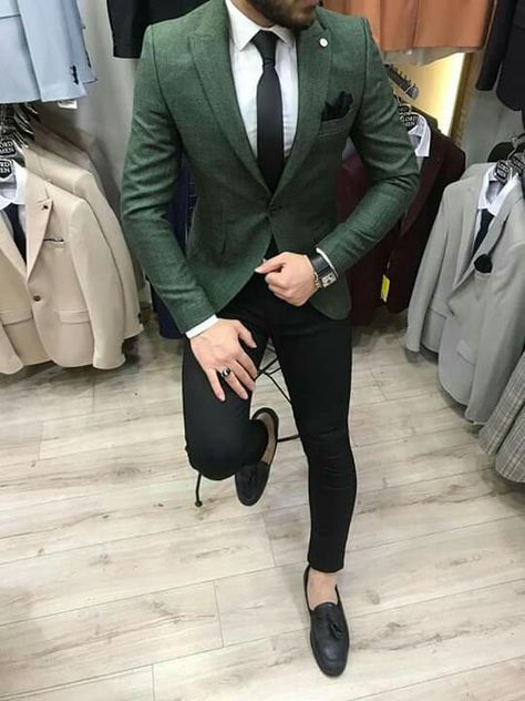 Green Suit Black Pants Men, Dark Green Suit Jacket Men, Green Suit Black Pants, Olive Green Coat Outfit Men, Green Sports Coat Outfit Men, Green Blazer Black Pants Men, Green Jacket Black Pants Men, Mens Green Blazer Outfits, Green Suit Jacket Black Pants Men