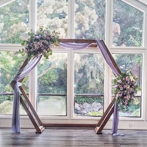 Lavender Arbor Wedding Arches, Lavender Alter Arrangements, Lavender And White Wedding Decoration, Wedding Octagon Arch Flowers, White And Purple Wedding Decoration, Wedding Decor Purple And White, Sage Green And Royal Purple Wedding, Lavender Ceremony Decor, Lavender And Greenery Wedding