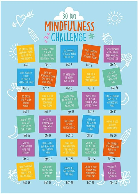 30 Day Adulting Challenge, 30 Challenge Ideas, 30 Days Of Mindfulness, 30 Day Challenge Lifestyle Ideas, Mindful Challenge, 30 Day Challenge Ideas Fun, 30 Day Mindfulness Challenge, Weekly Challenge Ideas, Health Challenge Ideas