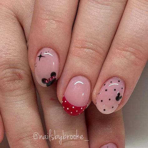 Brooke Jensen on Instagram: "Some fun “minnie-malist” nails for Disney!!😏👏🏼❤️🎢 . .  . . #pinterestinspo #gelpolish #handpaintednailart #naturalnailsonly #utahnailtech #utahnailartist #nailartist #nailart #naildesigns #nailartdesigns #freehandnailart #gelnails #nails #nailmagazine #nailinspo #disneynails #disneylandnails #disneyworldnails #minnienails #minnienailart #redfrenchtipnails #polkadotnails #neutraldisneynails #neutralminnienails #roundnails #rounddisneynails #disney #disneynailart #mickeynails #nailsbybrooke___Disney" Disney Nails With French Tip, Disney Nails Green, Red Minnie Mouse Nails, Simple Disney Manicure, Disney Themed Gel Nails, Red Nails Disney, Minnie Mouse Nails Designs, Minnie And Mickey Nail Designs, Minnie Mouse Nails Simple