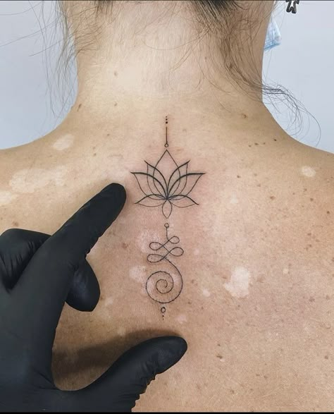 White Unalome Tattoo, Lotus Unalome Tattoo Back, Matching Lotus Tattoo, Unalome Tattoo Meaning Symbols, Lotus Flower Neck Tattoo, Lotus Neck Tattoo, Minimalist Lotus Tattoo, Upper Back Tattoo Women, Unalome Lotus Tattoo