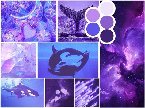 Blue and purple starry space ocean orcas moodboard Space Theme Mood Board, Astronaut Moodboard, Orca Aesthetic, Blue Purple Moodboard, Galaxy Theme Mood Board, Galaxy Mood Board Fashion, Purple Mermaid Aesthetic, Purple Siren Aesthetic, Preppy Images