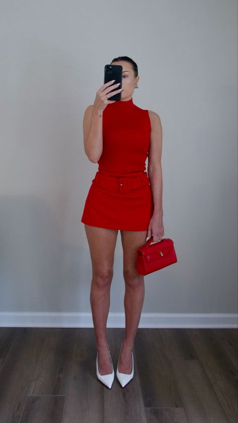 all red outfit | red bag | outfit inspo | girly red outfit #ad #expressyou Red Pump Outfits, Red Dress Going Out Outfit, Red Street Style Outfit, All Red Party Outfit, Red Dress Red Heels, Red Shoes And Bag Outfit, Red Dress Inspo Outfit, Classy Red Outfits, Mini Red Dress Outfit